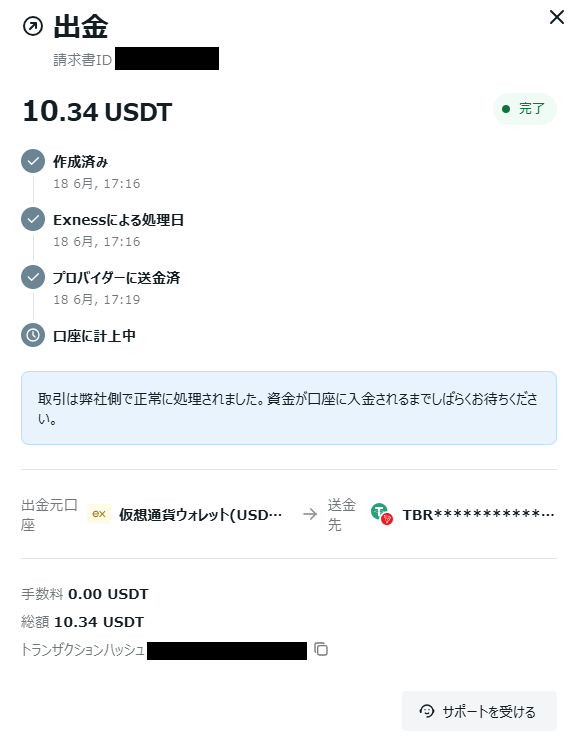 exness(エクスネス)USDT出金確認