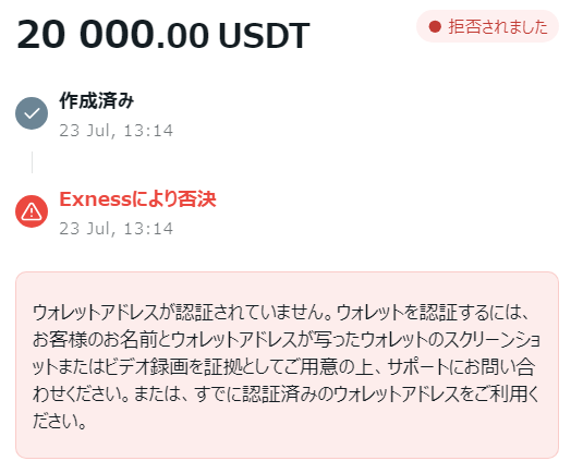 exness(エクスネス)仮想通貨ウォレットアドレス認証方法