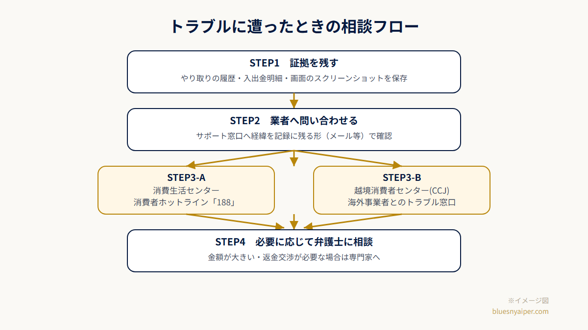 出金拒否・詐欺トラブルの主なパターンと対処の流れ