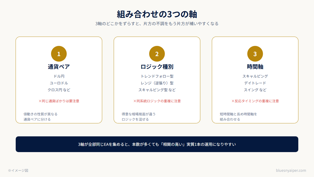 複数EA分散の3軸（通貨ペア・ロジック種別・時間軸）の図