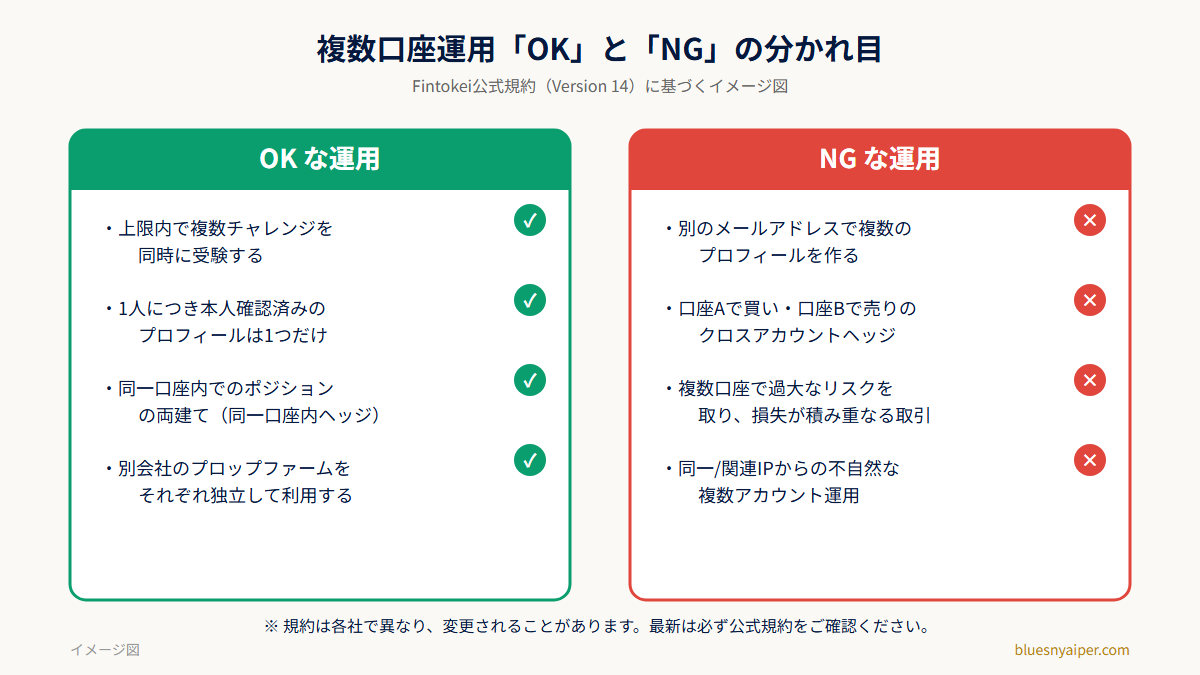Fintokeiで認められる複数運用と禁止される複数運用の対比図