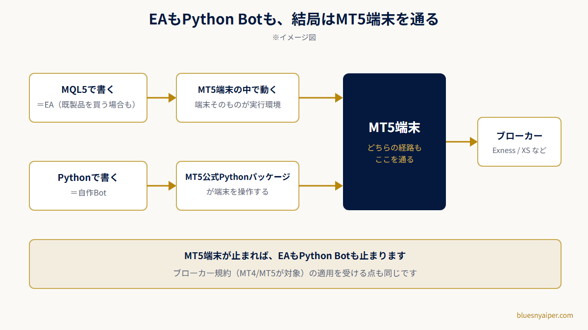 MT5でEAを動かす経路とPythonで自作Botを動かす経路の比較図。MQL5で書いたEAはMT5端末の中で動き、PythonはMT5公式パッケージ経由で端末を操作するため、どちらもMT5端末を通ってブローカーへ発注する