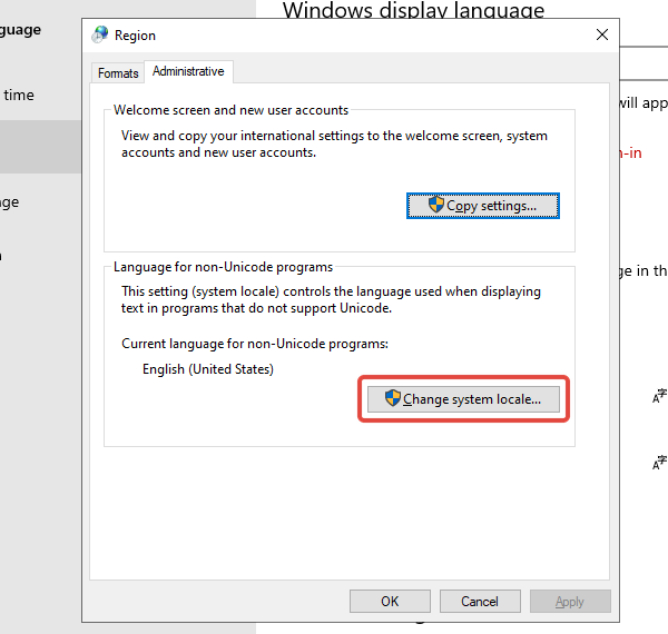 RegionのAdministrativeタブにあるChange system locale