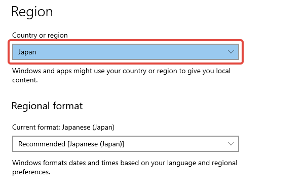 Country or regionをJapanにする