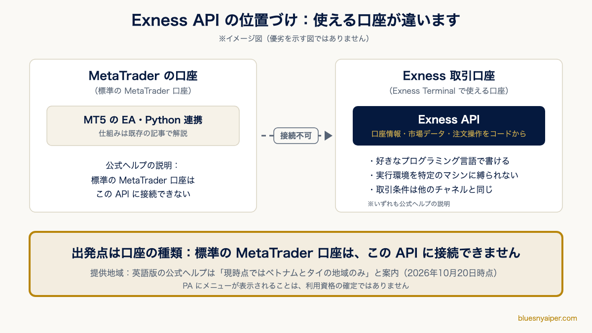 Exness API と MetaTrader の EA・Python 連携で使える口座が違うことを示すイメージ図