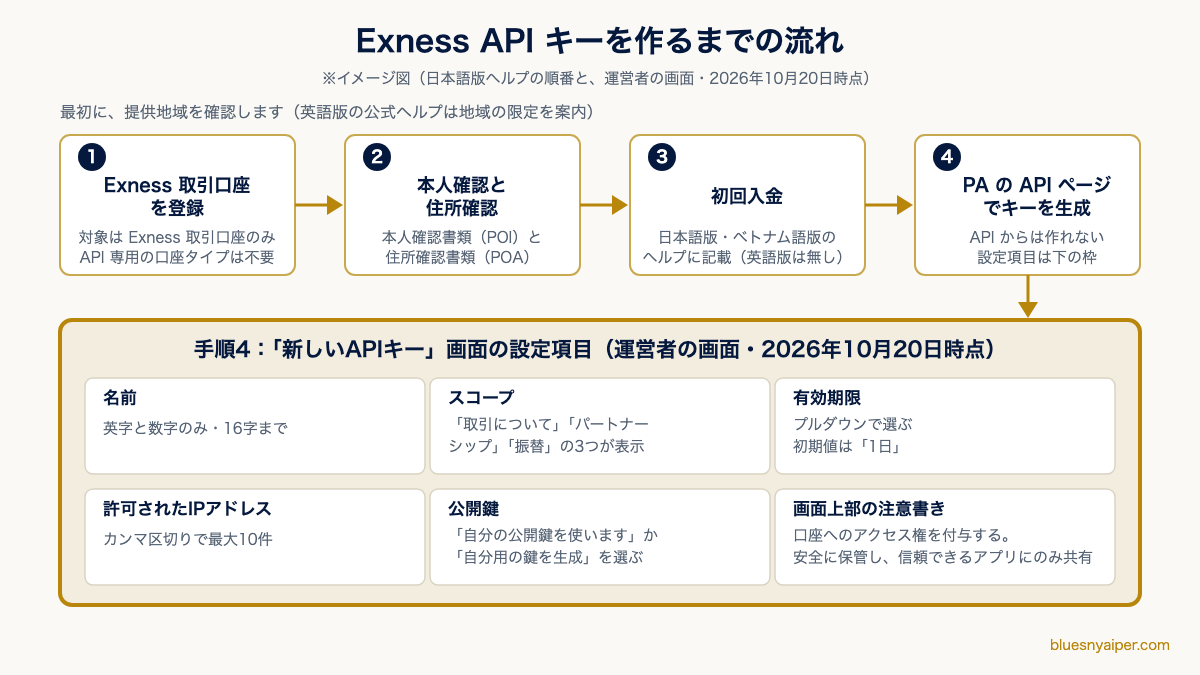Exness API キーを作るまでの流れのイメージ図