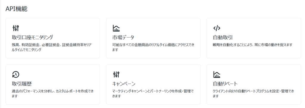 Exness パーソナルエリアの「API機能」に並ぶ6つのカード（2026年10月20日時点）