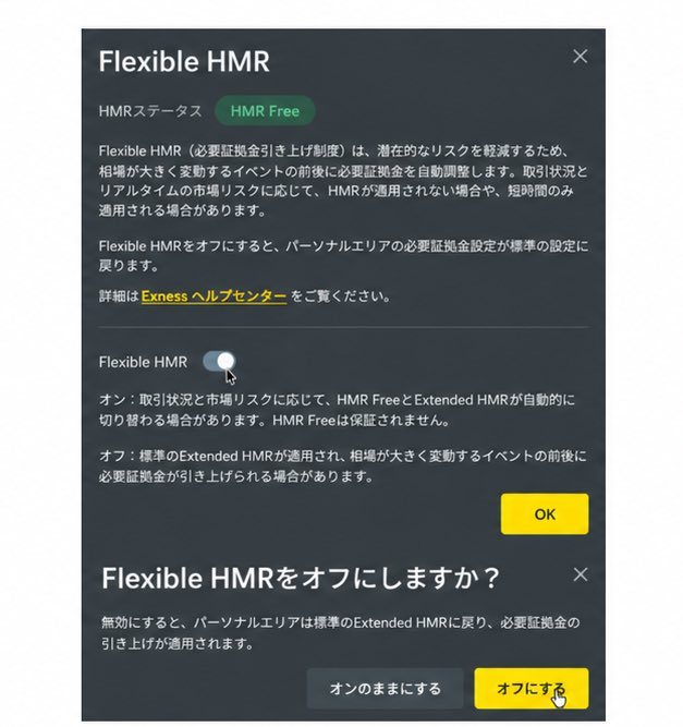 【図4】Flexible HMRのオン/オフ画面の例。オンでは自動で切り替わりHMRフリーは保証されず、オフでは標準の延長HMRが適用される（Exness担当者のX投稿の画像）